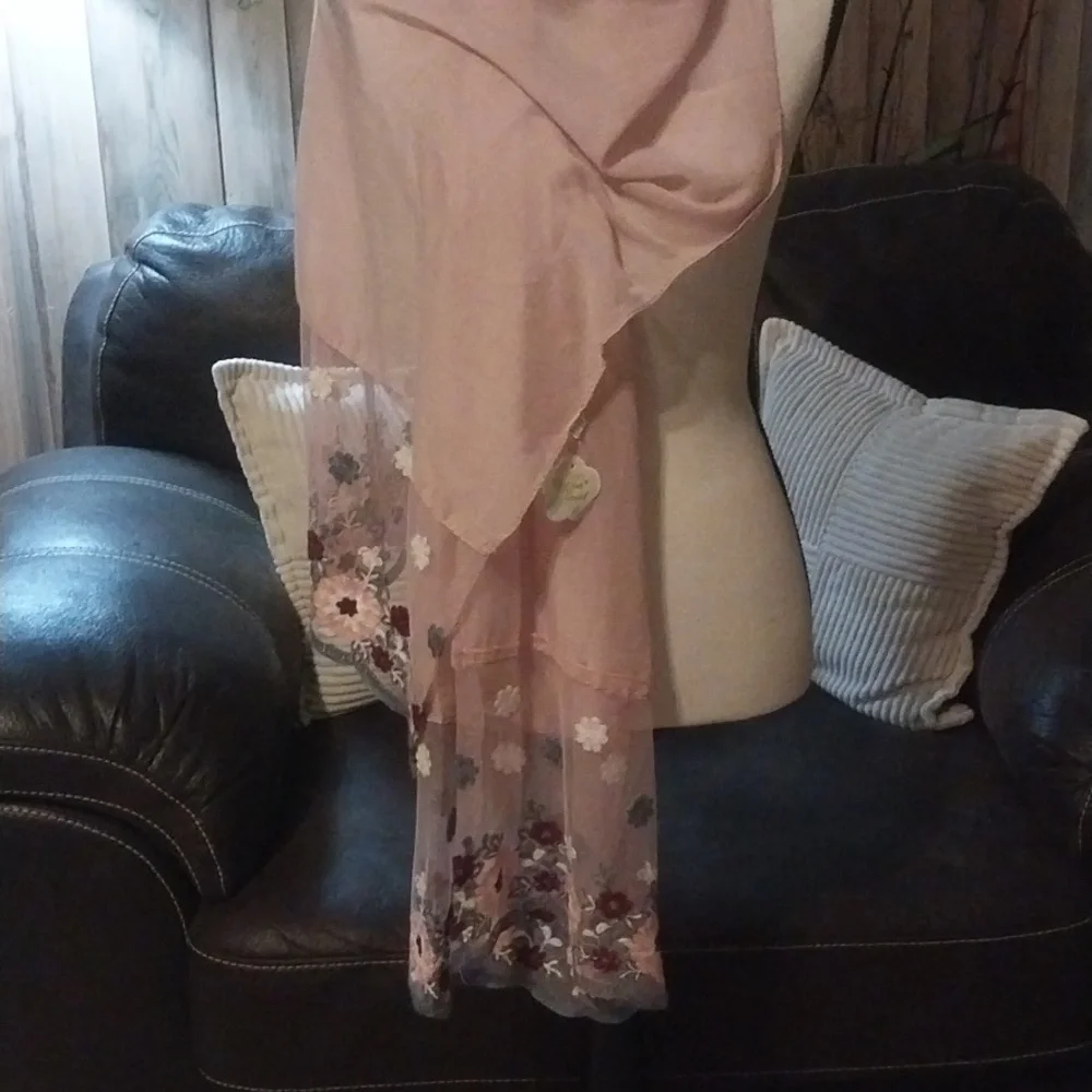 Thin Pink Gauze Embroidered Floral Scarf Shawl Cottagecore Grandmacore Scarf Y2K